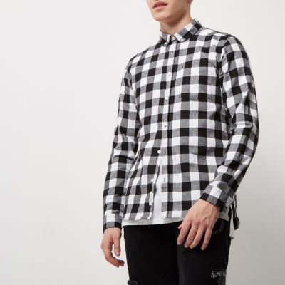 Black and white casual check flannel shirt